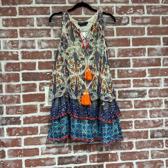 NWT Hemant & Nandita Istanbul Silk Multi Color Print Tiered Mini Dress Size S - Picture 1 of 6